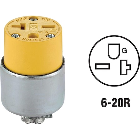 Leviton Straight Blade Connector, 6-20R, 20 A, 250V AC, 2 Pole, 3 Wire, Yellow 000-620CA